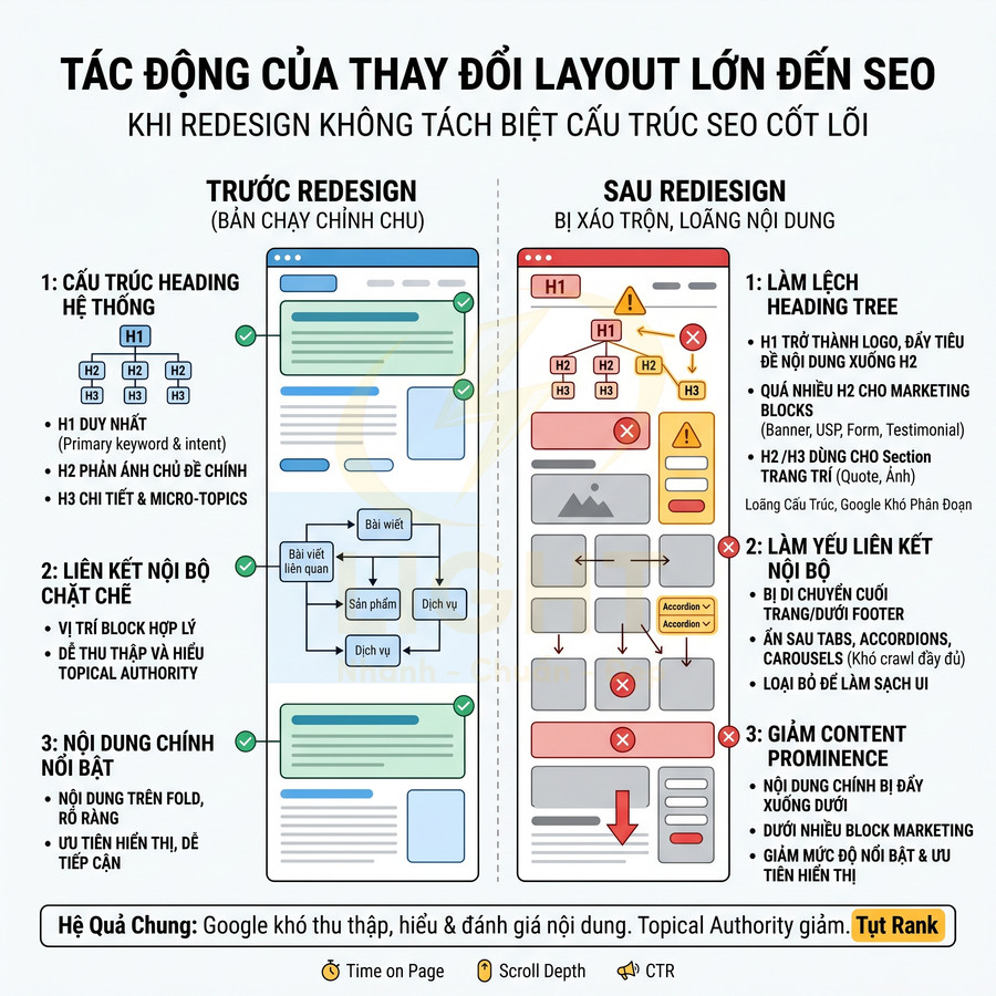 Infographic so sánh layout website trước và sau redesign và tác động đến cấu trúc SEO, heading, liên kết nội bộ