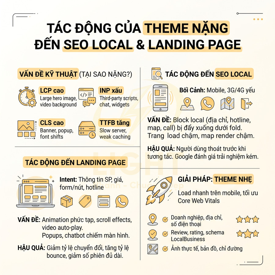 Infographic tác động của theme nặng đến SEO local và landing page và giải pháp dùng theme nhẹ tối ưu Core Web Vitals