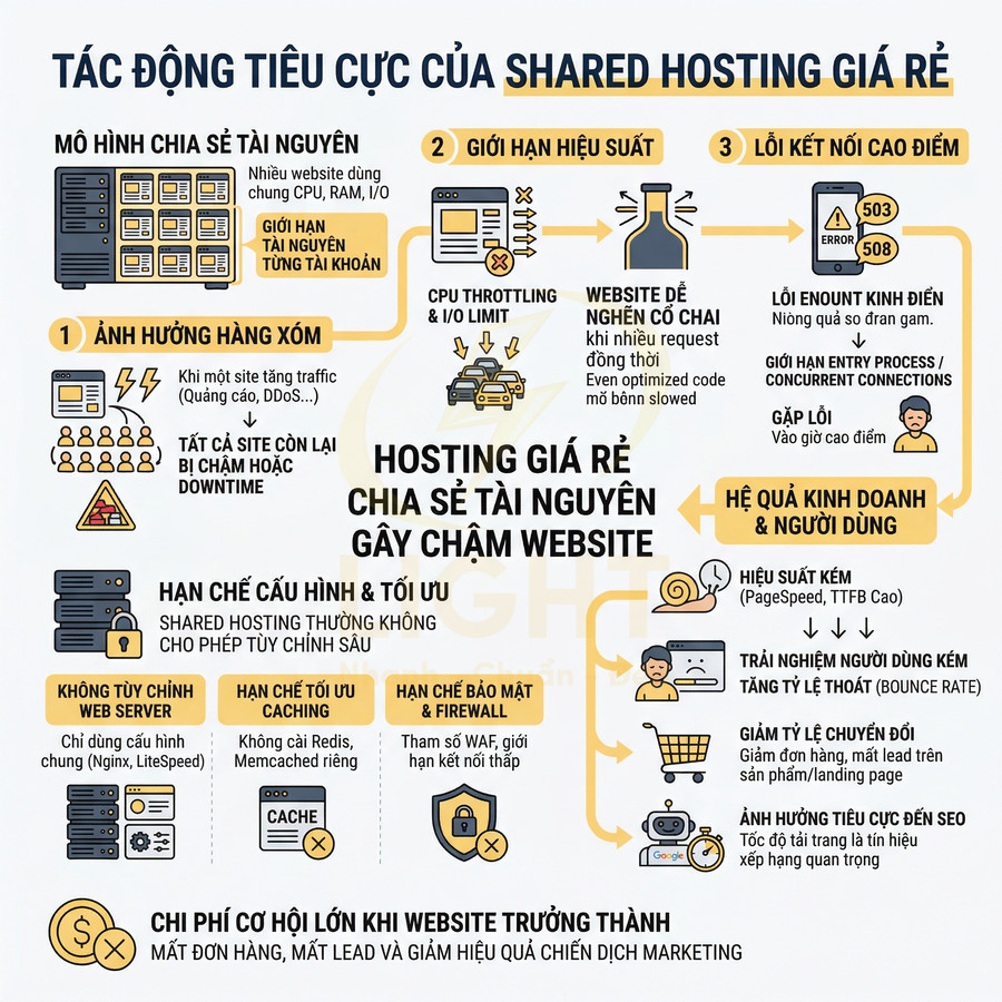Infographic tiếng Việt về tác động tiêu cực của shared hosting giá rẻ khiến website chậm và giảm hiệu quả kinh doanh