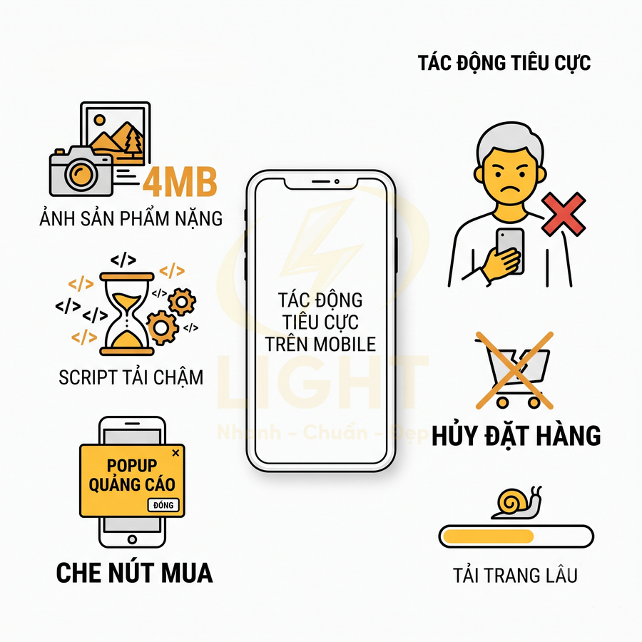 Minh họa tác động tiêu cực trên mobile do ảnh sản phẩm nặng, script tải chậm, popup quảng cáo che nút mua, gây hủy đặt hàng