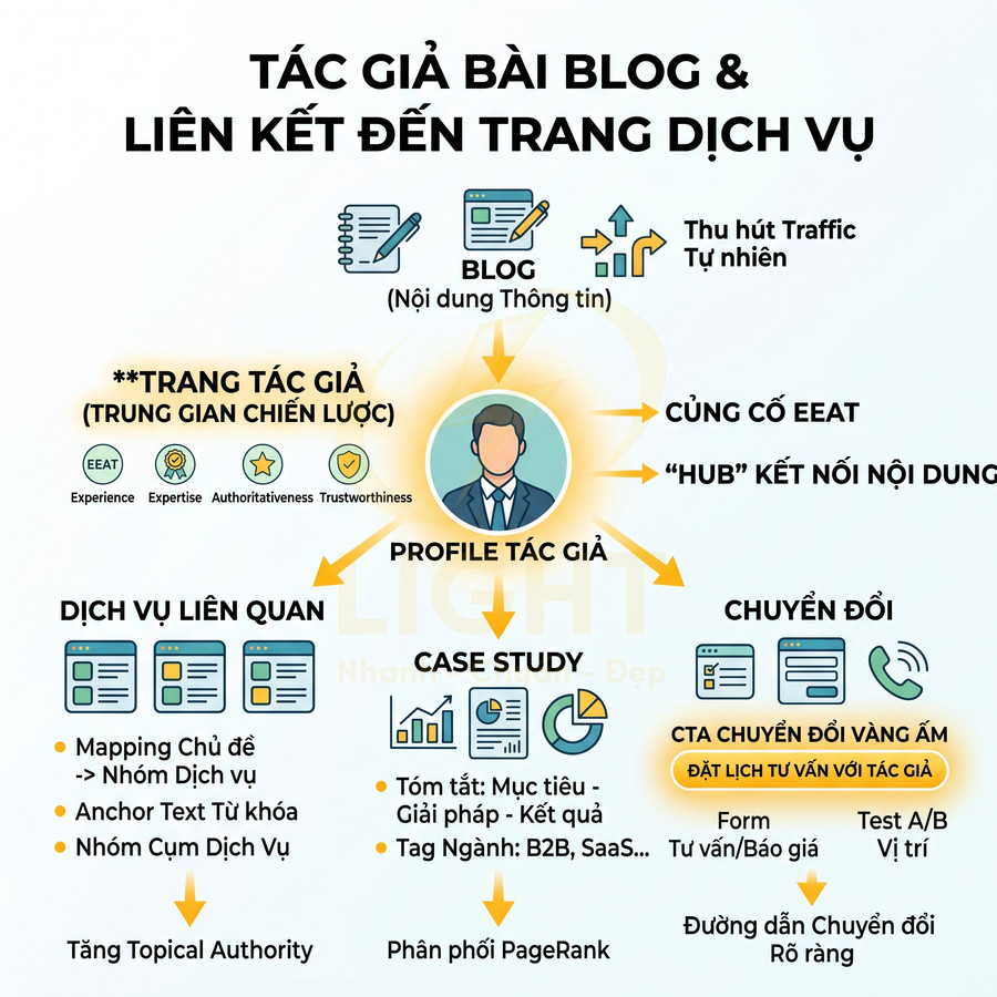 Infographic quy trình tối ưu SEO với trang tác giả blog liên kết đến dịch vụ và chuyển đổi khách hàng