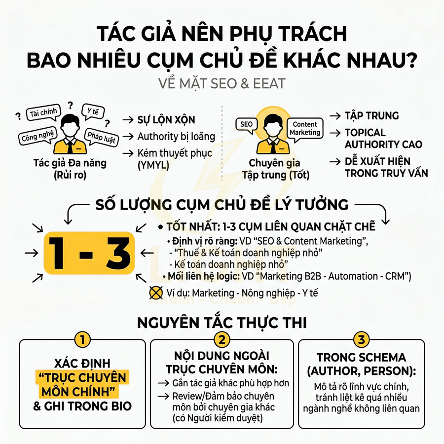 Infographic hướng dẫn tác giả chọn 1 đến 3 cụm chủ đề liên quan chặt chẽ để tối ưu SEO và EEAT