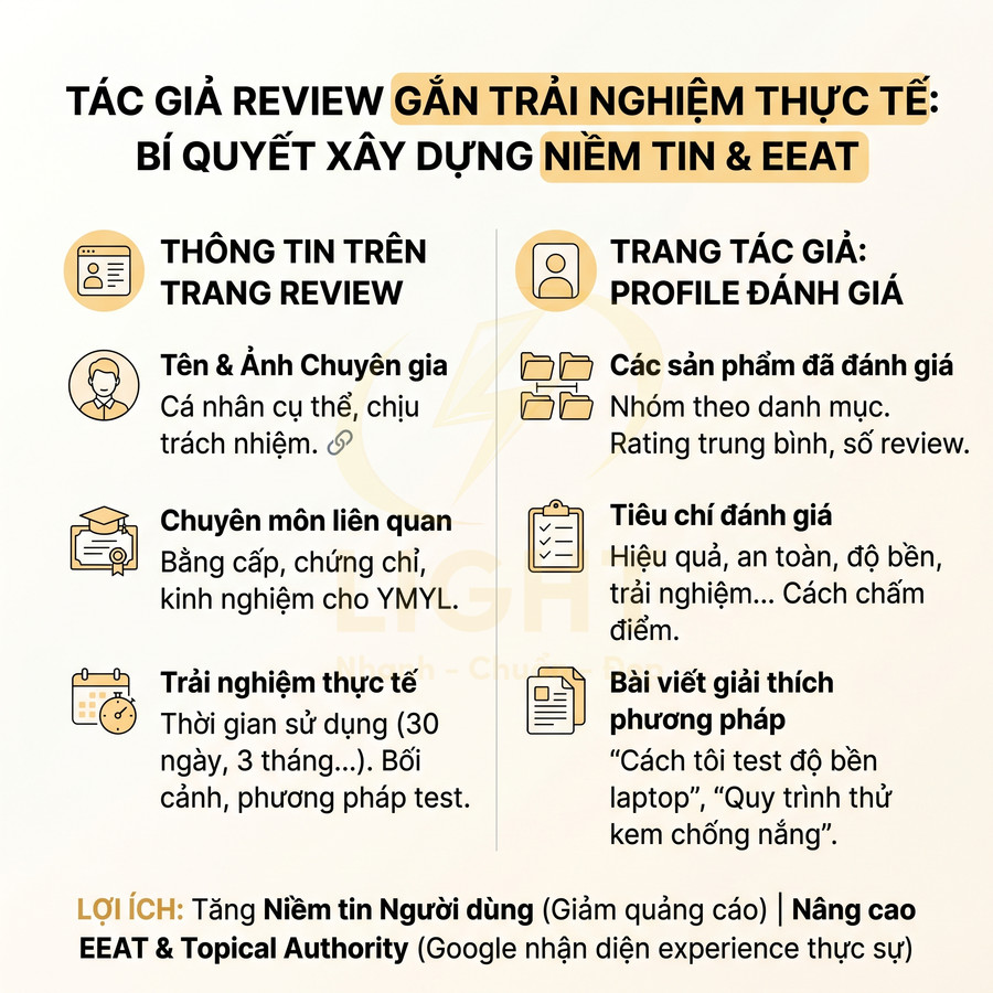 Infographic hướng dẫn xây dựng niềm tin và EEAT cho tác giả review với thông tin chuyên gia và tiêu chí đánh giá sản phẩm