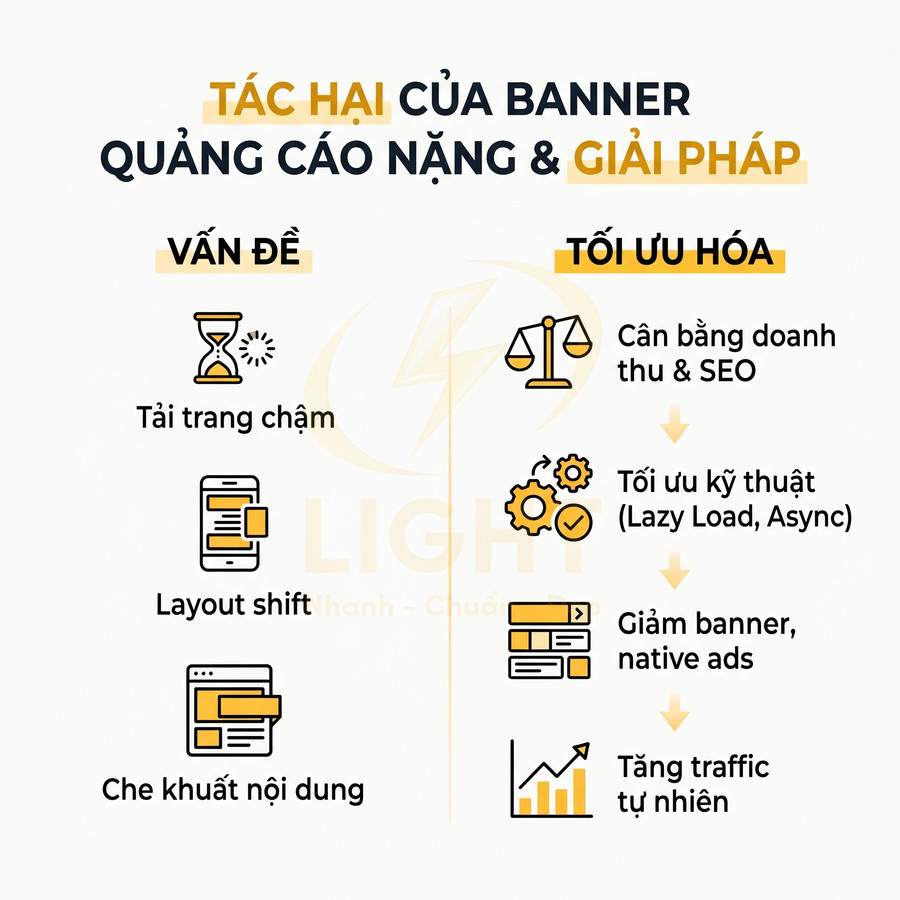 Infographic tác hại banner quảng cáo nặng và giải pháp tối ưu hóa tốc độ tải trang, SEO, traffic tự nhiên