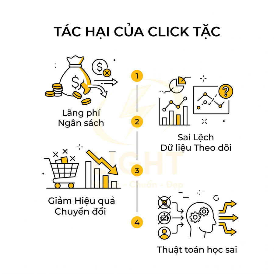 Tác hại của click tặc trong quảng cáo online gồm lãng phí ngân sách, sai lệch dữ liệu, giảm chuyển đổi, thuật toán học sai