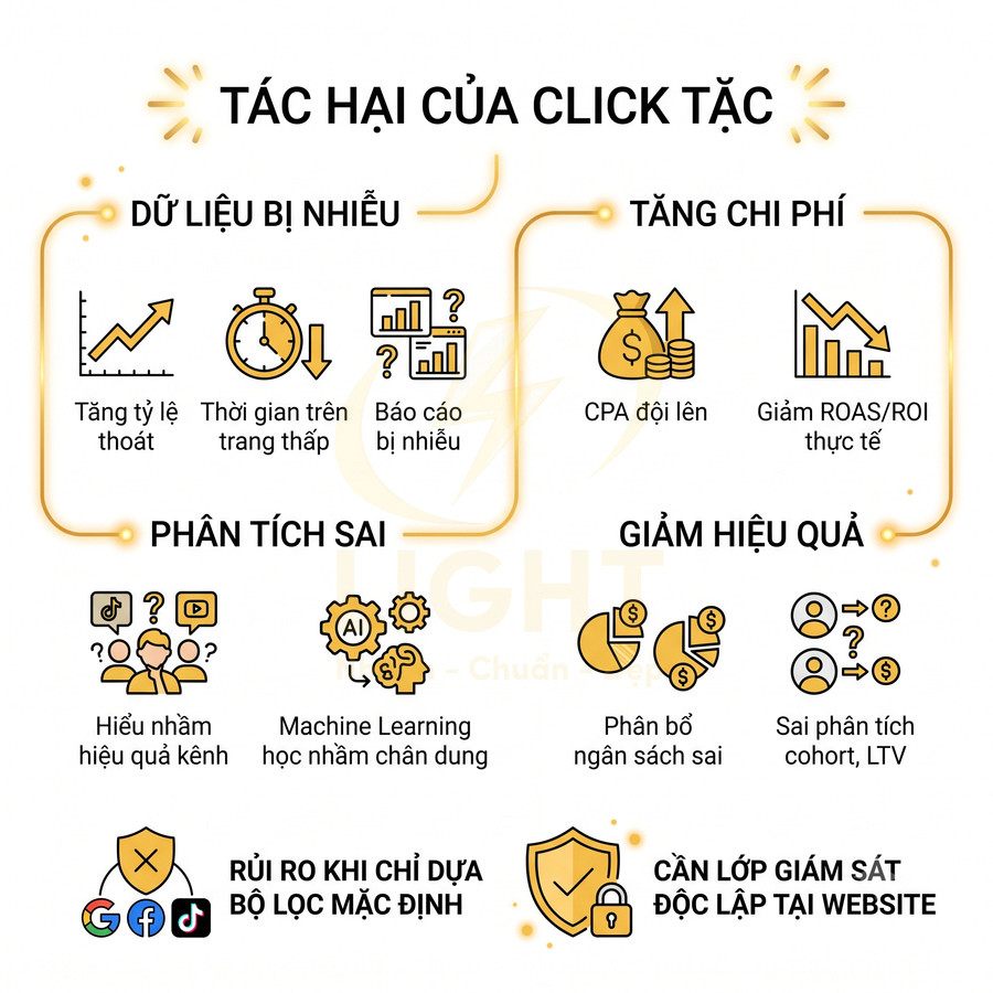 Infographic tác hại của click tặc trong quảng cáo online, làm nhiễu dữ liệu, tăng chi phí và giảm hiệu quả chiến dịch