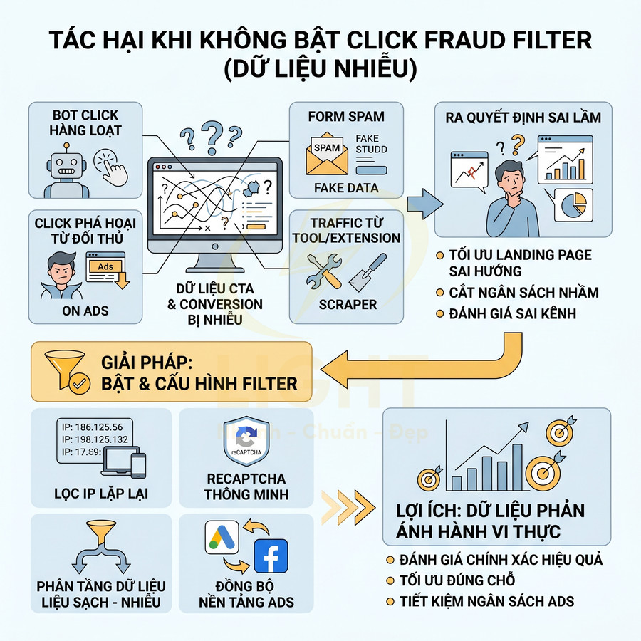 Infographic tác hại không bật click fraud filter và giải pháp lọc dữ liệu sạch cho chiến dịch quảng cáo online