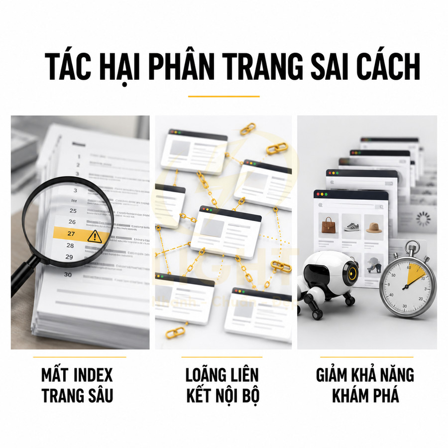 Minh họa tác hại phân trang sai cách trong SEO với mất index trang sâu, loãng liên kết nội bộ và giảm khả năng khám phá