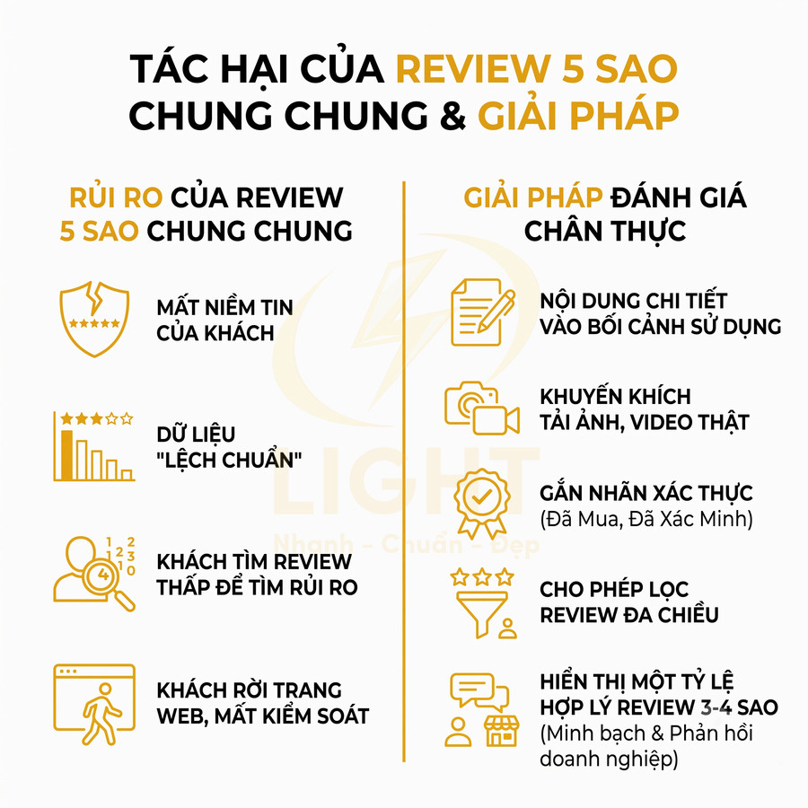 Tác hại của review 5 sao chung chung và giải pháp đánh giá chân thực cho website bán hàng