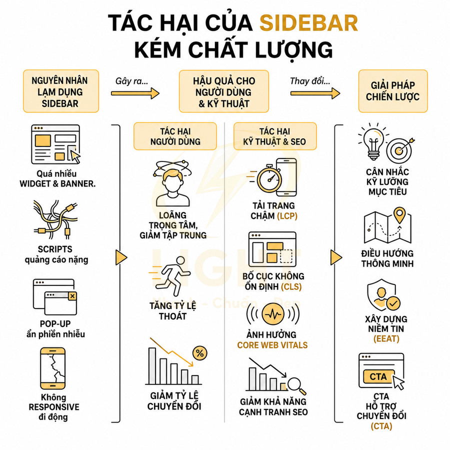Infographic tác hại của sidebar kém chất lượng và giải pháp tối ưu UX, tốc độ tải trang, Core Web Vitals và chuyển đổi SEO