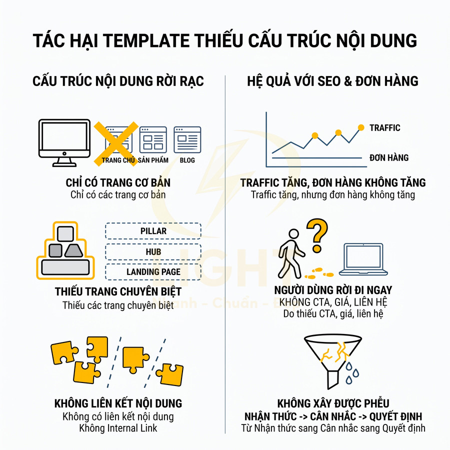 Tác hại template thiếu cấu trúc nội dung với SEO, traffic tăng nhưng đơn hàng không tăng, người dùng rời đi ngay