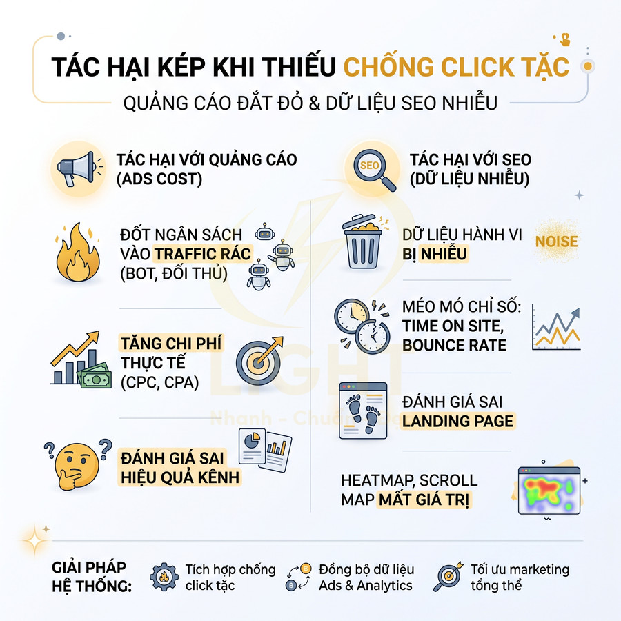 Infographic tác hại thiếu chống click tặc và giải pháp hệ thống tối ưu quảng cáo, dữ liệu SEO, heatmap và đánh giá kênh