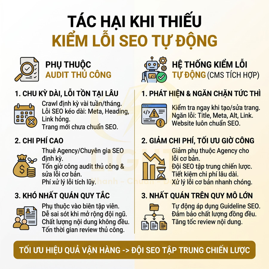 Infographic so sánh tác hại thiếu kiểm lỗi SEO tự động và lợi ích hệ thống kiểm lỗi SEO tự động
