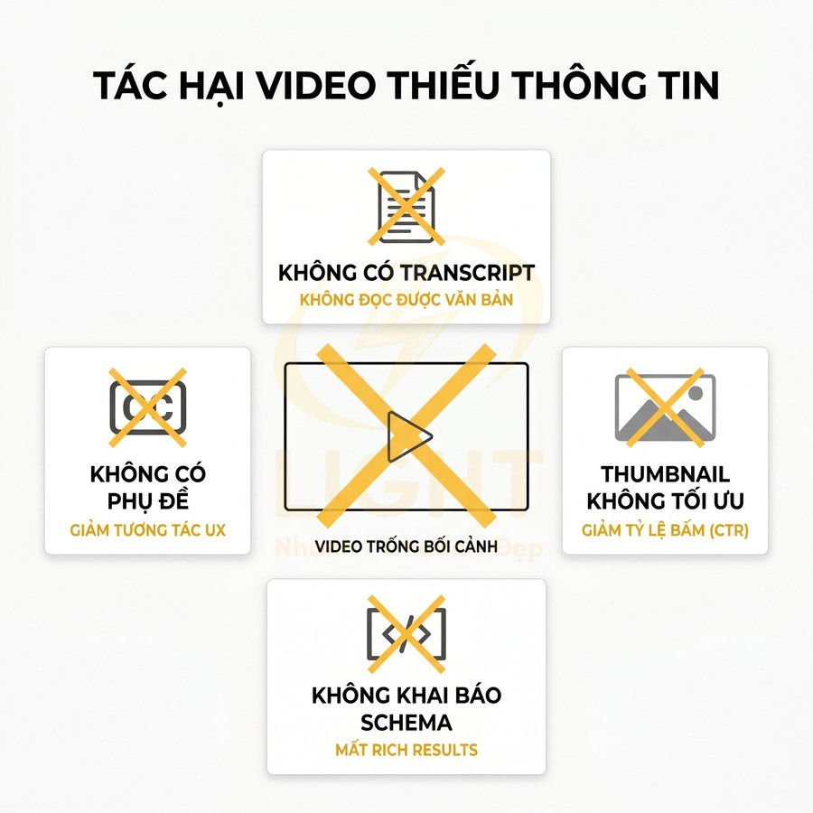 Tác hại video thiếu thông tin với các lỗi không transcript, không phụ đề, thumbnail kém, không schema, nội dung trống