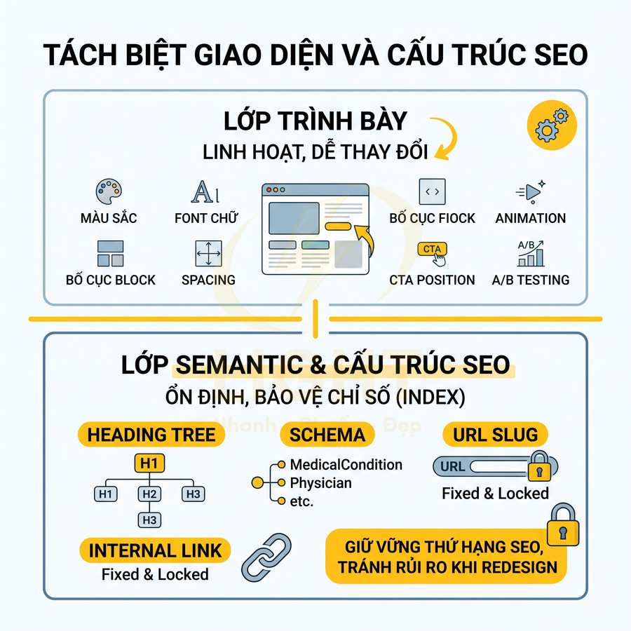 Minh họa tách biệt giao diện trình bày và lớp semantic cấu trúc SEO để giữ vững thứ hạng khi redesign website