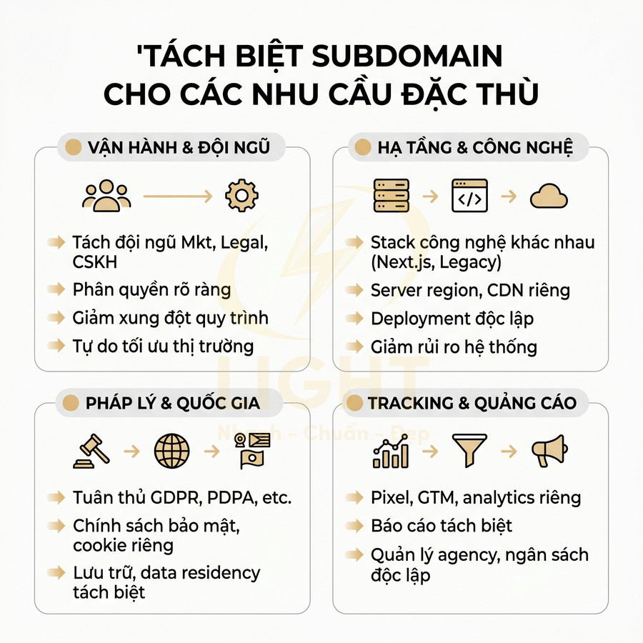 Infographic lợi ích tách biệt subdomain cho vận hành, hạ tầng công nghệ, pháp lý quốc gia và tracking quảng cáo