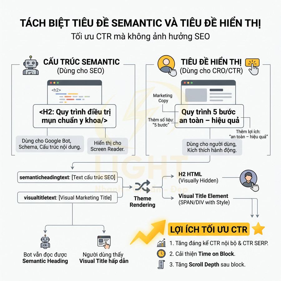 Hướng dẫn tách biệt tiêu đề semantic và tiêu đề hiển thị để tối ưu CTR mà không ảnh hưởng SEO