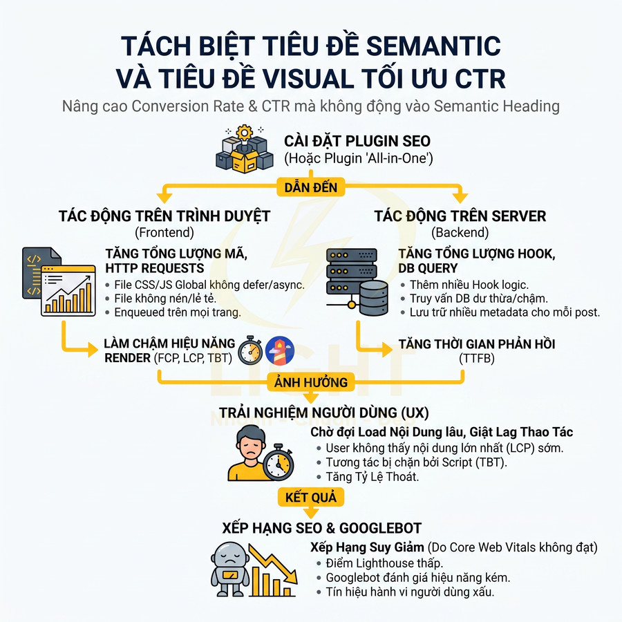 Infographic quy trình cài đặt plugin SEO ảnh hưởng hiệu năng web, trải nghiệm người dùng và xếp hạng Google