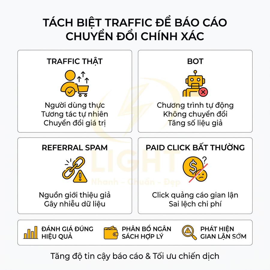 Mô hình phân loại traffic web gồm traffic thật, bot, referral spam và paid click bất thường để tối ưu báo cáo chuyển đổi