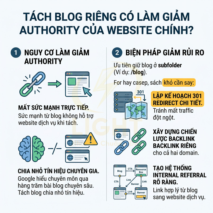 Infographic giải thích rủi ro tách blog khỏi website chính và các biện pháp giảm mất authority, backlink, traffic