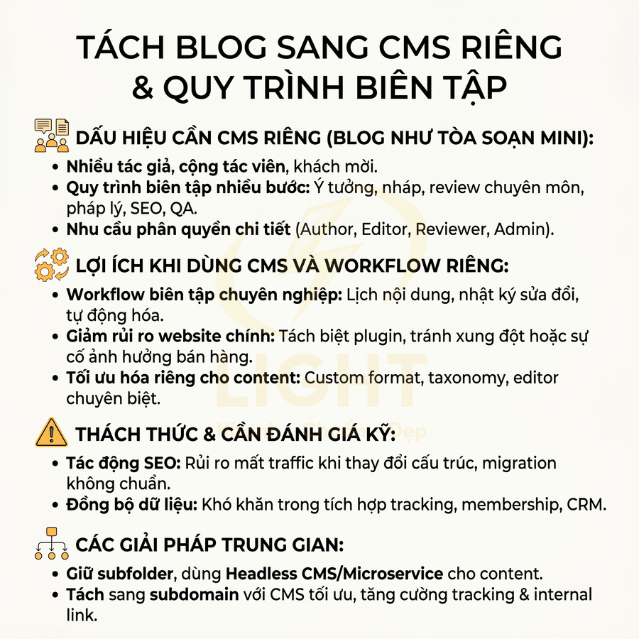 Tóm tắt lợi ích, thách thức và giải pháp khi tách blog sang CMS riêng và thiết lập workflow biên tập nội dung