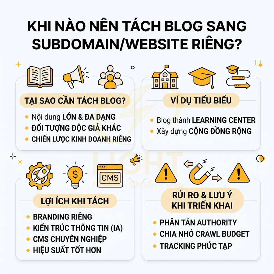 Khi nào nên tách blog sang subdomain hoặc website riêng, lý do, lợi ích và rủi ro khi triển khai