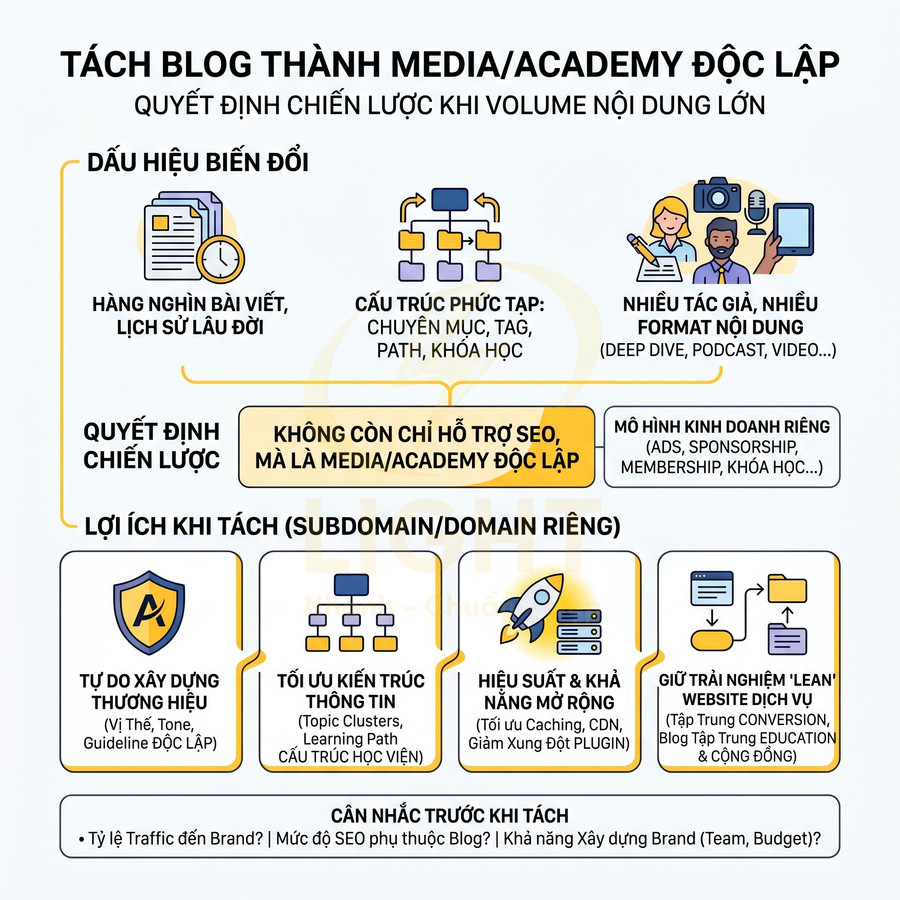 Infographic hướng dẫn tách blog thành media academy độc lập với dấu hiệu, lợi ích và lưu ý chiến lược SEO