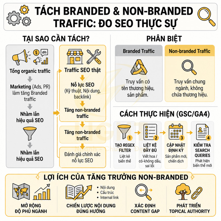 Infographic hướng dẫn tách branded và non branded traffic để đo lường hiệu quả SEO và tối ưu chiến lược nội dung