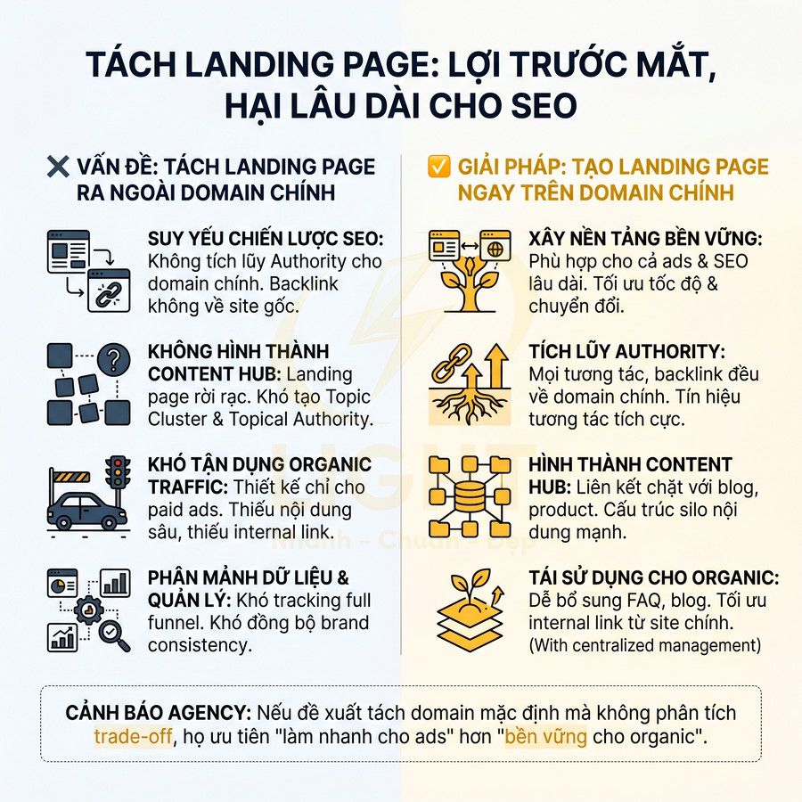Infographic so sánh tách landing page ra ngoài domain chính và tạo landing page trên domain chính cho chiến lược SEO