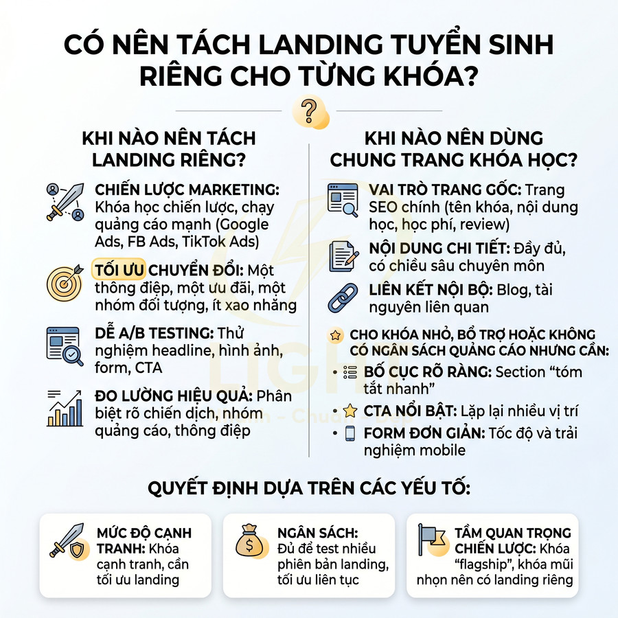 Infographic so sánh khi nên tách landing page tuyển sinh riêng cho từng khóa học và khi dùng chung trang khóa học
