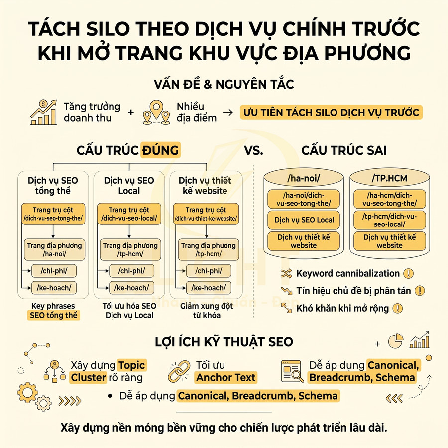 Infographic hướng dẫn cấu trúc silo dịch vụ SEO và local SEO đúng cách để tránh cannibalization và tối ưu kỹ thuật SEO