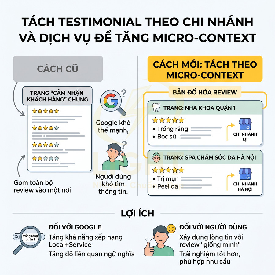Hướng dẫn tách testimonial theo chi nhánh và dịch vụ để tăng micro context, tối ưu review cho Google và người dùng