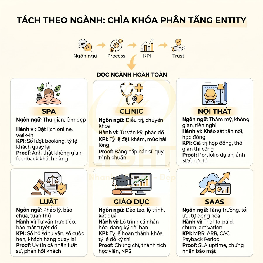 Infographic tách theo ngành chia khóa phân tầng entity cho spa, clinic, nội thất, luật, giáo dục và SaaS