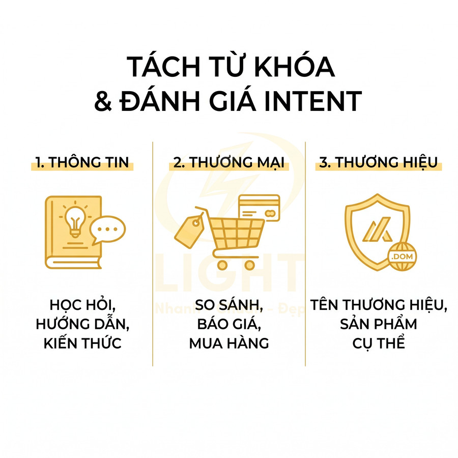 Tách từ khóa và đánh giá intent với ba nhóm thông tin thương mại và thương hiệu trong marketing SEO