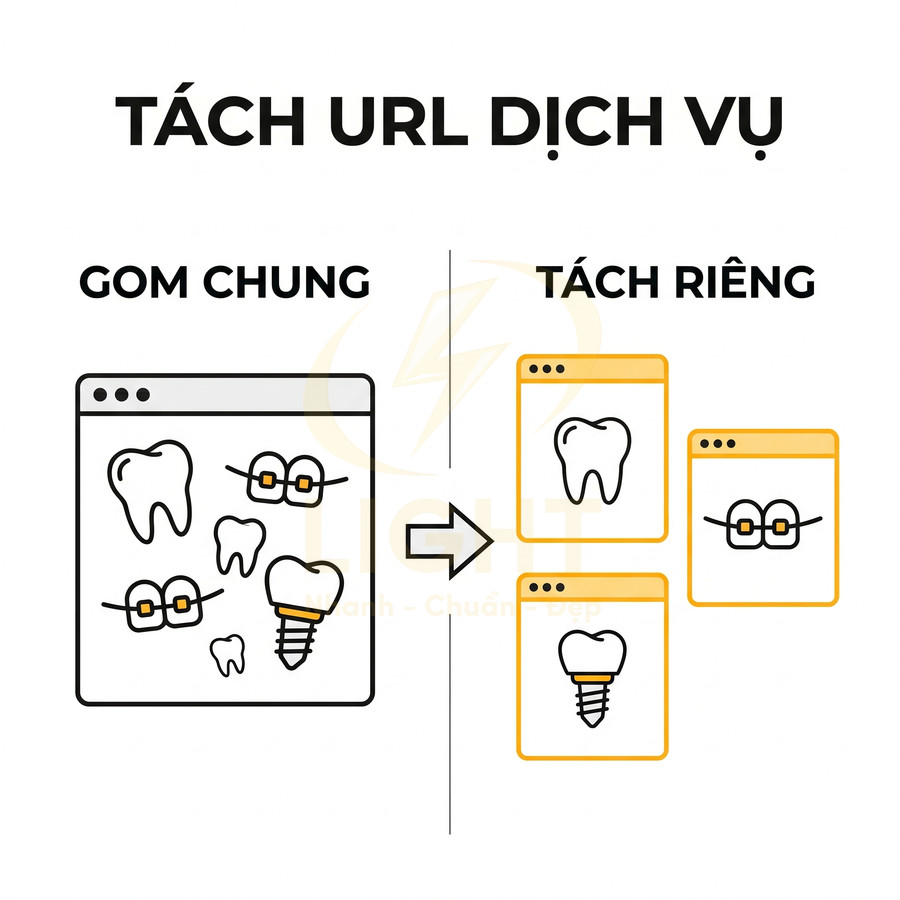 Minh họa tách URL dịch vụ nha khoa, chia trang chung thành từng trang riêng cho từng dịch vụ