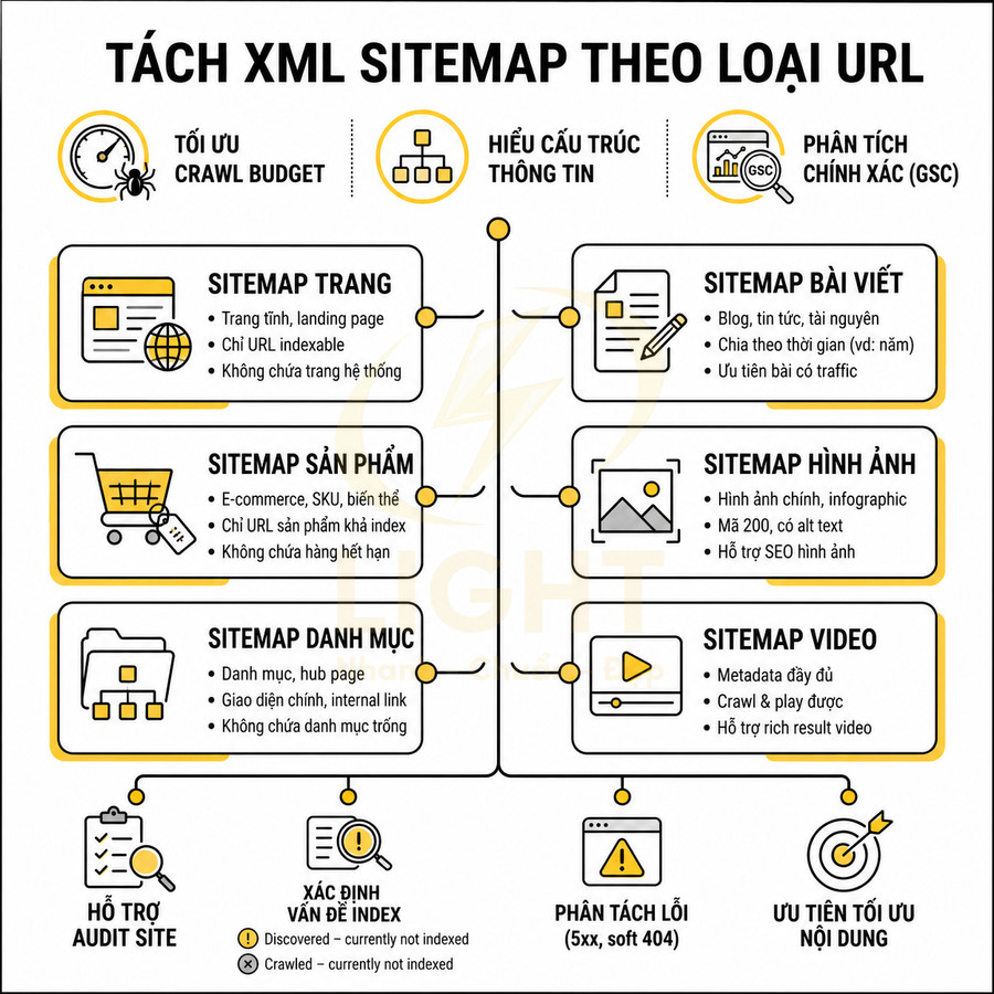 Infographic hướng dẫn tách XML sitemap theo loại URL trang, sản phẩm, danh mục, bài viết, hình ảnh và video để tối ưu SEO