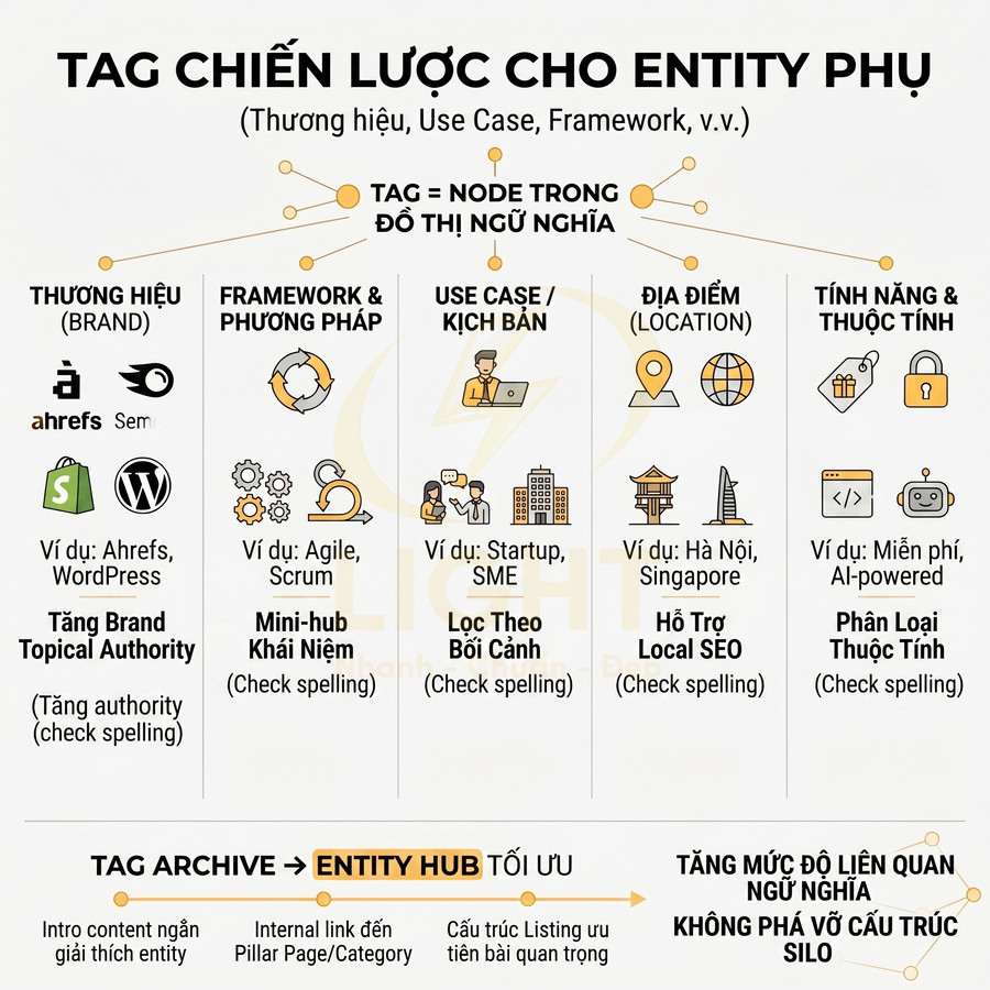 Infographic chiến lược gắn tag SEO cho entity phụ theo thương hiệu, use case, địa điểm và tính năng