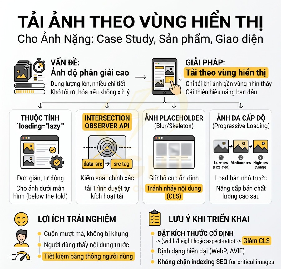 Infographic hướng dẫn kỹ thuật tải ảnh theo vùng hiển thị để tối ưu hiệu năng web và trải nghiệm người dùng