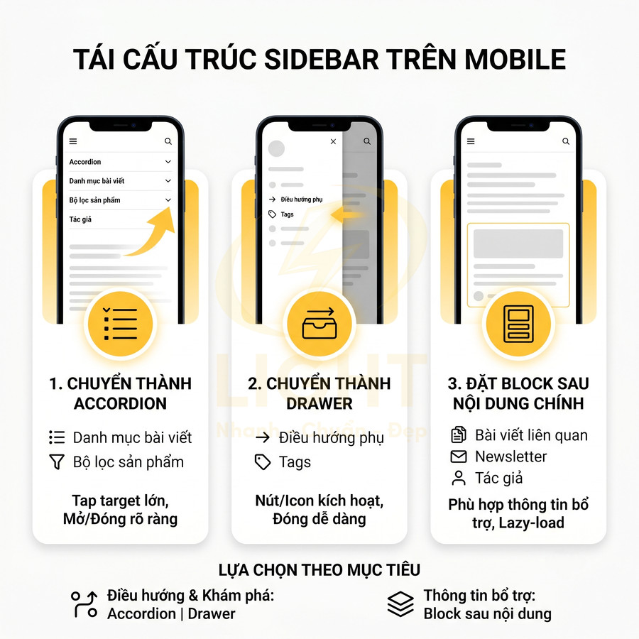 Hướng dẫn tối ưu sidebar trên giao diện mobile với 3 cách bố trí accordion, drawer và block sau nội dung
