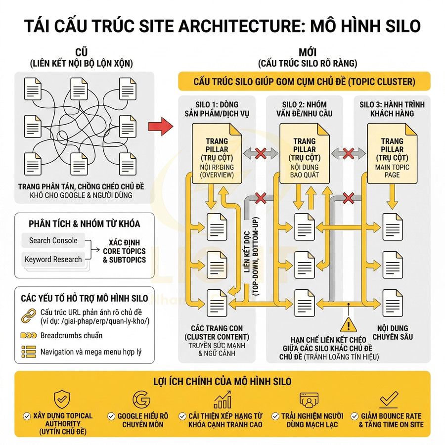 Sơ đồ so sánh cấu trúc website cũ và mô hình silo, minh họa cách gom cụm chủ đề và lợi ích SEO