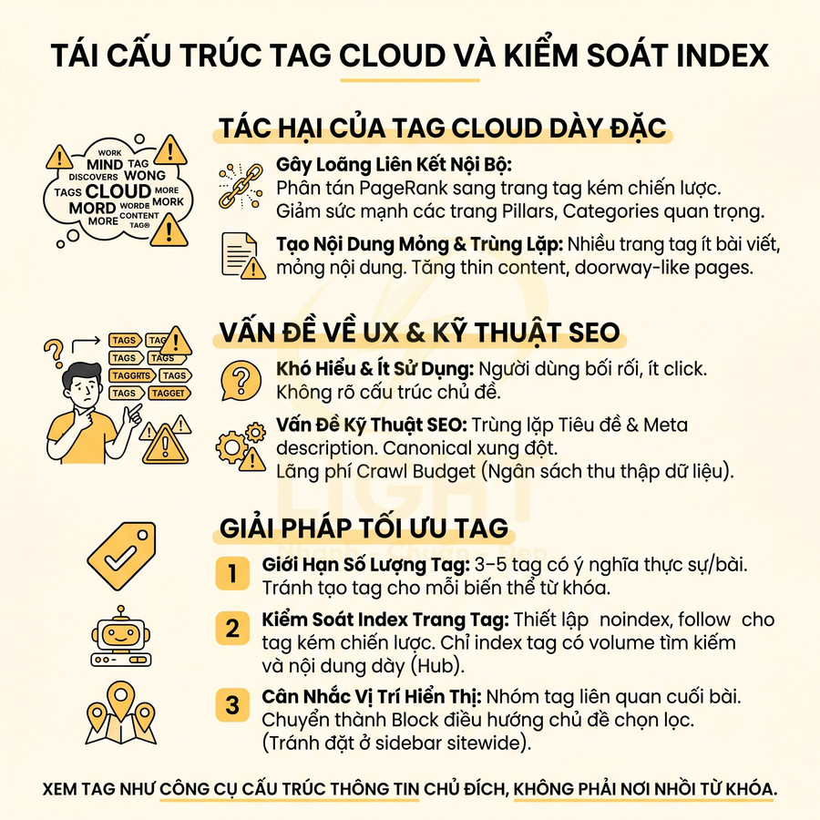 Infographic hướng dẫn tái cấu trúc tag cloud và kiểm soát index để tối ưu SEO và trải nghiệm người dùng