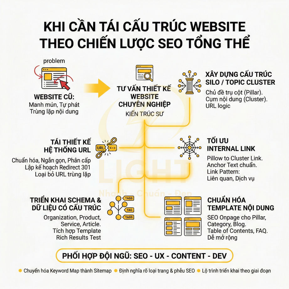 Quy trình tái cấu trúc website theo chiến lược SEO tổng thể với các bước tối ưu URL, internal link và nội dung