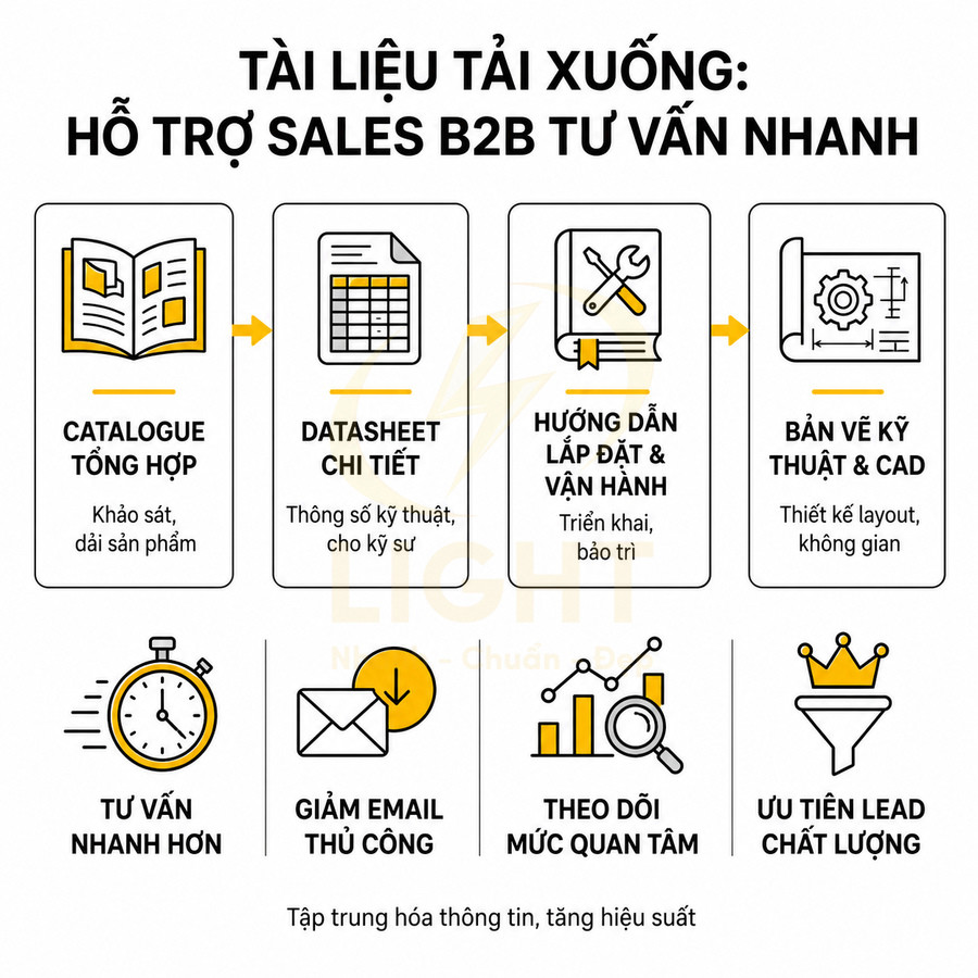 Tài liệu tải xuống hỗ trợ sales B2B gồm catalogue, datasheet, hướng dẫn lắp đặt, bản vẽ kỹ thuật và lợi ích tư vấn nhanh