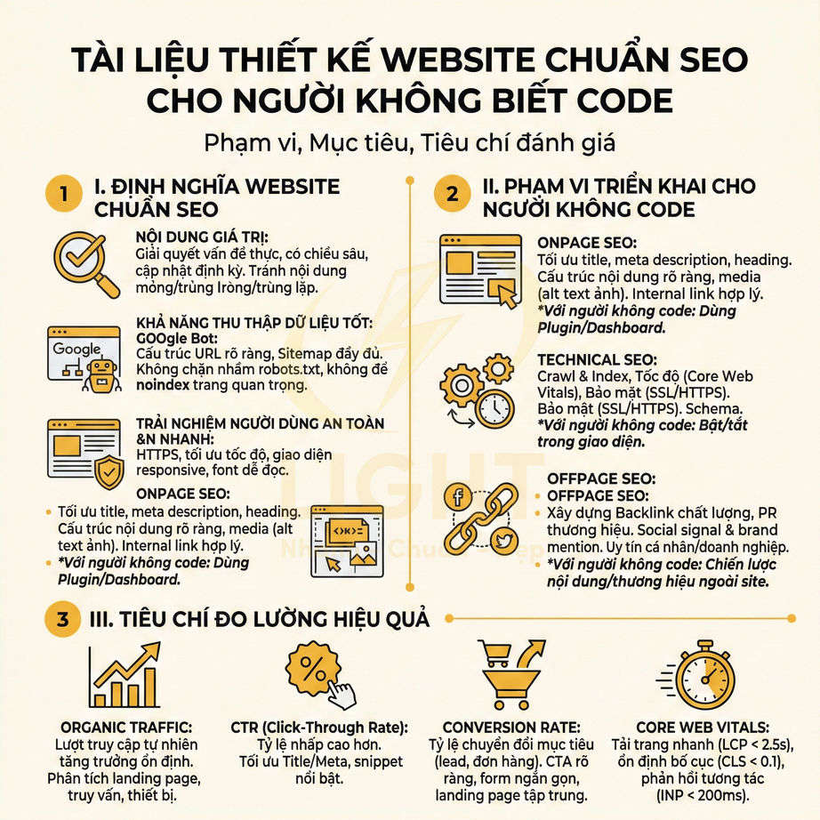 Tài liệu hướng dẫn thiết kế website chuẩn SEO cho người không biết code với các tiêu chí và chỉ số đo lường hiệu quả