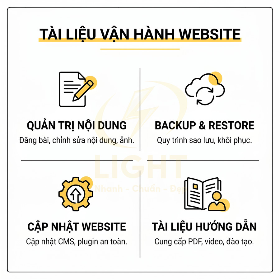 Tài liệu vận hành website với quản trị nội dung, backup restore, cập nhật CMS và tài liệu hướng dẫn đào tạo