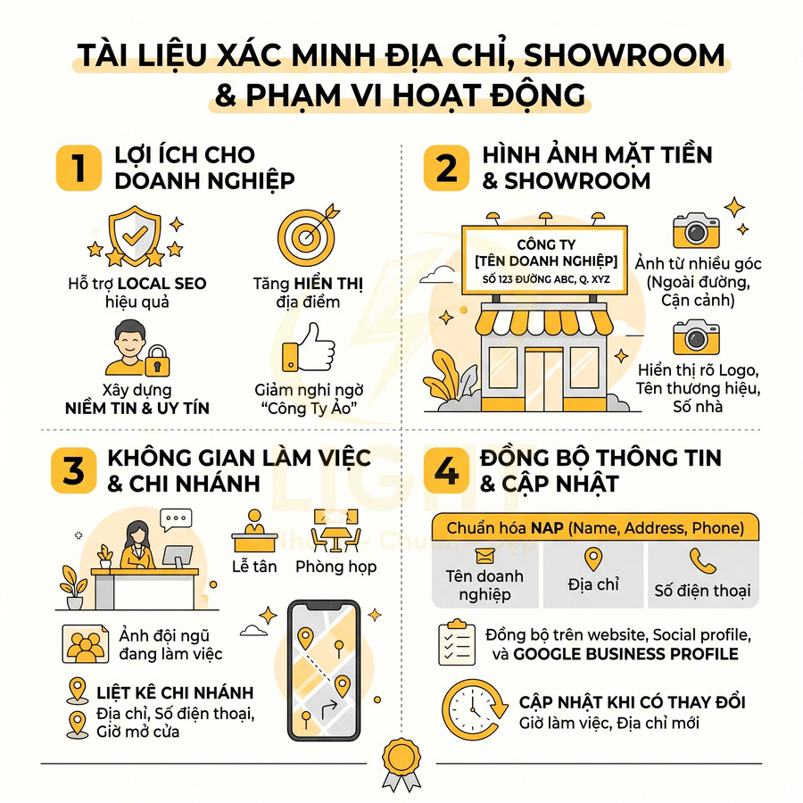 Infographic hướng dẫn xác minh địa chỉ showroom và phạm vi hoạt động để hỗ trợ Local SEO cho doanh nghiệp