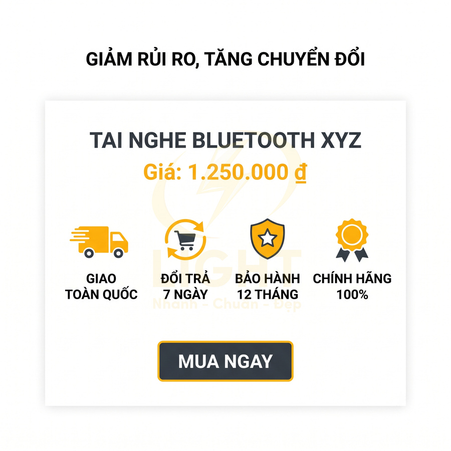 Quảng cáo tai nghe Bluetooth XYZ giá 1.250.000đ, giao toàn quốc, đổi trả 7 ngày, bảo hành 12 tháng, chính hãng 100%