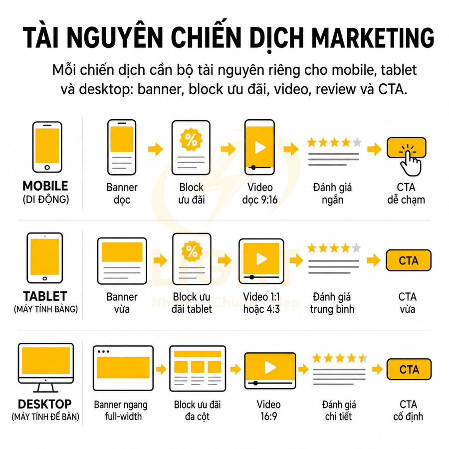 Sơ đồ tài nguyên chiến dịch marketing cho mobile tablet desktop với banner video đánh giá và nút kêu gọi hành động CTA