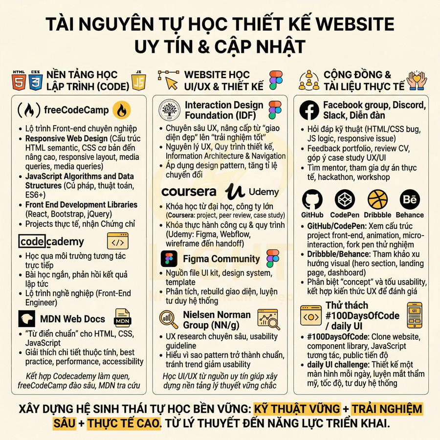Tổng hợp tài nguyên tự học thiết kế website gồm nền tảng lập trình, khóa học UI UX, cộng đồng và tài liệu thực tế
