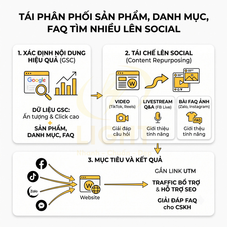 Quy trình tái phân phối sản phẩm, danh mục và FAQ từ Google Search Console lên mạng xã hội để tăng traffic website